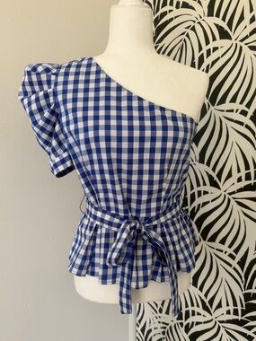 One-Shoulder Blue Gingham Peplum Top